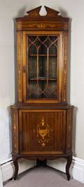 An English Marquetry Inlaid Mahogany Corner Cupboard