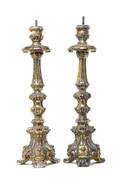 A Pair of Continental Painted and Parcel Gilt Pricket Sticks