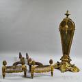 Pair of William H Jackson Co Louis XVIstyle Andirons and a French Brass Fanform Firescreen 