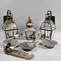 Four Tin Wall Sconces and Three Lanterns 