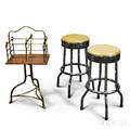 Pair of Chrome Stools and a Brass and Oak Book Rack 