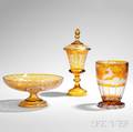 Three Pieces of Etched Amber Bohemian Glass