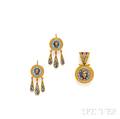Antique Gold and Micromosaic Earpendants and Locket