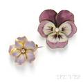 Two Art Nouveau 14kt Gold and Enamel Flower Brooches