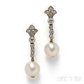 Cultured Pearl and Diamond Earpendants