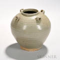 Ashglazed Storage Jar China possibly Jin dynasty bulbous form widening at the shoulders with four small loop handles all decorate