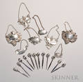Twelve Sterling Silver Cocktail Picks and Eight Silver or Silverplate Bottle Tags each cocktail pick with a knopped terminal only ma