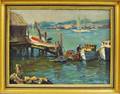 American School 20th Century Harbor View with Wharf and Fishing Boats