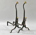Pair of Brass and Wrought Iron Gooseneck Andirons