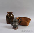 Native American Woven Splint Basket a Redware Jar and a Pewter Teapot