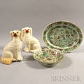 Two Famille Rose Porcelain Platters and a Pair of Staffordshire Spaniels 