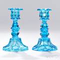 Pair of Peacock Blue Pressed Glass Petal and Loop Pattern Candlesticks