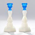 Pair of Clambroth and Blue Acanthus Leaf Candlesticks