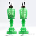 Pair of Jadegreen Pressed Glass Star and Punty Pattern Lamps