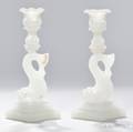 Pair of Opaque White Pressed Glass Dolphin Candlesticks