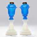 Pair of Clambroth and Blue Pressed Glass Acanthus Leaf Pattern Lamps