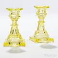Pair of Small Yellow Pressed Glass Candlesticks