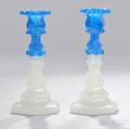 Pair of Clambroth and Blue Pressed Glass Candlesticks