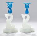 Pair of Opaque White and Blue Pressed Glass Dolphin Candlesticks