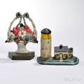 Polychromepainted Lighthouse and Basket of Flowers Cast Iron Doorstops