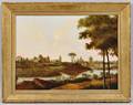 American School Mid19th Century River Landscape with Houses and Wooden Bridge