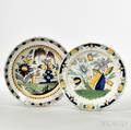 Two Large Polychrome Tinglazed Earthenware Plates