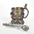 Russian 875 Silvergilt and Champlevenamel Tea Glass Holder Podstakannik and Spoon