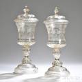 Pair of Etched Bohemian Glass Cups with Covers