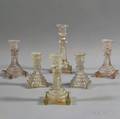 Six Colorless Pressed Glass Candlesticks