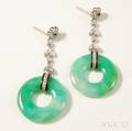 Pair of 14kt White Gold Diamond and Jade Earpendants