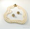 14kt Gold Pearl and Catseye Moonstone Necklace and Earclips