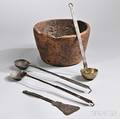 Carved Burl Bowl and Four Wrought Iron Utensils