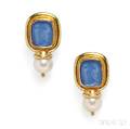 18kt Gold Glass Intaglio and Cultured Pearl Earclips Elizabeth Locke
