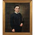 American School 19th Century Portrait of a Boy in a Blue Suit Holding a Book