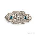 Art Deco White Gold Blue Zircon and Diamond Brooch