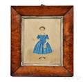 AngloAmerican School Early 19th Century Miniature Portrait of a Girl in Blue Dress Wearing Coral Beads
