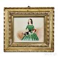 AngloAmerican School Early 19th Century Miniature Portrait of a Girl in a Green Dress with Her Dog