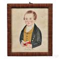 American School Early 19th Century Miniature Portrait of Austin King Wearing a Checked Vest and Holding a Red Book