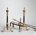 Pair of Federal Bell Metal Urntop Andirons and Tools