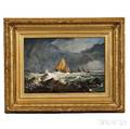 American School Late 19th Century Sailboat Caught in a Gale off a Rocky Shoreline