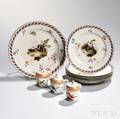 Seven German Porcelain Bird Plates with Three Covered Cups