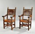 Pair of Spanish Walnut and Parcelgilt Leather Armchairs