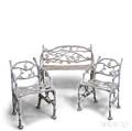 Whitepainted Cast Iron Twig Garden Bench and Pair of Chairs