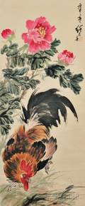 Hanging Scroll Depicting a Rooster and Flowers
