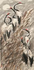 Painting Depicting Cranes in Moonlight