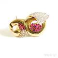 14kt Gold Diamond and Ruby Retro Brooch