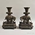 Pair of Bronze Elephant Vases and Carved Wood Stands