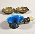 Chinese Enameled Handled Cup and a Pair of Engraved Bronze Dishes 