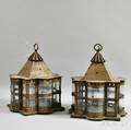 Pair of Arts amp Crafts Pierced Brass and Glass Hanging Lanterns