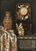 Max Schdl Austrian 18341921 Still Life with Clock Vase and Ivory Figures